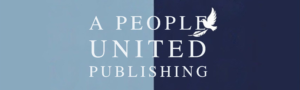 Logo for A People United Publishing, featuring a white dove holding an olive branch, with the company name in elegant white text on a split light blue and navy background.